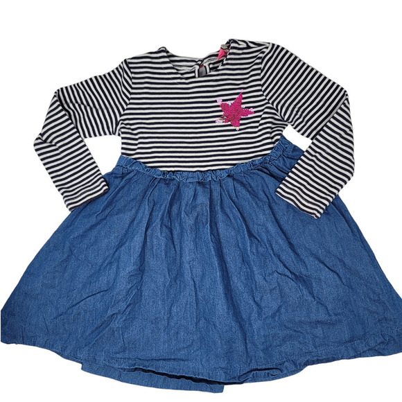 Joules Girl's Hampton Sequin Star Striped Chambray Skirted Dress Blue Size 5Y - Picture 1 of 9